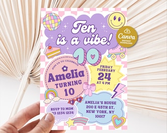 May include: Purple and pink birthday invitation with a checkered background. The invitation says "Ten is a vibe!" and features a rainbow, a roller skate, a heart, a star, and a lightning bolt. The invitation is for Amelia's 10th birthday party on Friday, February 24th at 4 PM. The address is Amelia's House, 200 E 45th St, New York, NY 10017.