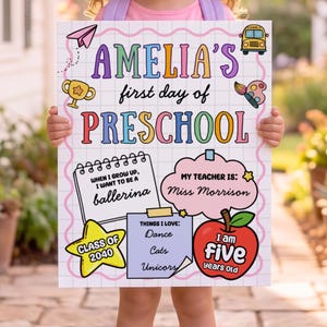 Editable First Day of School Sign, Printable Back to School Poster for Girl, Photo Prop Sign Reusable, Personalized Poster Template, digital