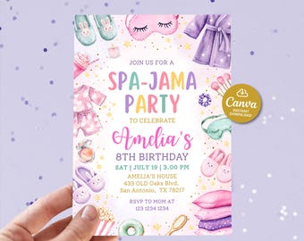 May include: A Spa-Jama Party invitation with watercolor illustrations of spa and pajama-themed items. The invitation includes the text "SPA-JAMA PARTY" and details for Amelia's 8th birthday, including the date, time, and location.