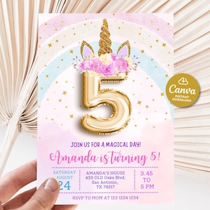 5th unicorn party invite, Editable 5th birthday invitation girl, Fifth birthday invite girl, Magical Party Invite Pastel rainbow invitation