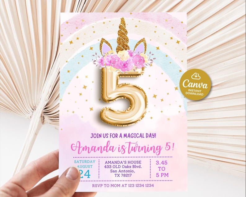 May include: A birthday invitation featuring a gold number 5 balloon, a unicorn horn, and floral accents. The invitation has a pastel rainbow background and includes the text "Amanda is turning 5!" and event details.