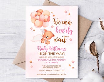 Chá de bebê "Nós mal podemos esperar", Convite para chá de bebê ursinho editável, Convite para chá de bebê com balão para menina, Convite para chá de bebê com urso boho rosa