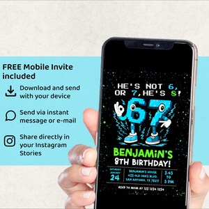 May include: A smartphone displays a birthday invitation with a retro video game theme. The invitation reads "He's not 6, or 7, he's 8!" with the number 8 stylized as a pixelated character. The invitation includes the birthday boy's name, date, time, and location.