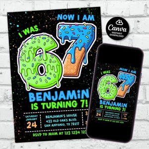May include: A black birthday invitation and a smartphone display the text "I was 6, now I am 7!" in a colorful, playful design. The invitation includes details for Benjamin's 7th birthday party.
