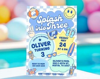 Splash in drei Geburtstag lädt Junge ein, 3. Geburtstag Pool Party, bearbeitbar Sommer Geburtstagsfeier einladen, Schwimmparty einladen, Sommerparty