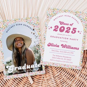 Invitación para fiesta de graduación con flores silvestres, invitación floral con fotos, invitación para la clase de 2025, tarjeta de anuncio para estudiantes de último año
