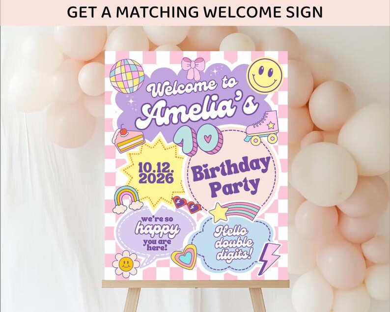 10th birthday party invitation, Hello Double Digits girl birthday invitation, Preppy invitation editable, ten birthday invitation, Groovy image 11