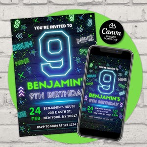 Invito per il 9° compleanno di un ragazzo, invito per il compleanno di un ragazzo, invito per il compleanno al neon di un ragazzo, invito per feste per ragazzi, invito modificabile
