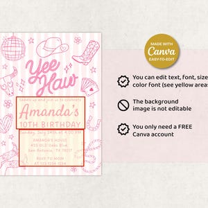 May include: Pink and white striped birthday invitation with a western theme. The invitation includes the text "Yee Haw" and "Amanda's 10th Birthday". Decorative elements include a cowboy hat, boots, and playing cards. The invitation is made with Canva.