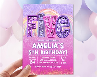 5th birthday invitation, Sequin birthday invite, Editable fifth birthday invite girl, Rainbow Girl Birthday, 5 Glitter Birthday Invitation
