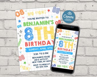 8th birthday party invite, Boy Birthday Invitation editable, Eight Year Old birthday invitation, Number birthday invitation printable, Party