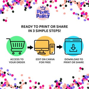 May include: Image with a white background, confetti, and the Pixel Party logo. It illustrates a three-step process: access your order, edit on Canva for free, and download to print or share.