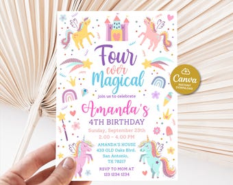 Invitación de unicornio para el cuarto cumpleaños, Invitación de cuatro unicornios mágicos, Invitación de arcoíris pastel editable, Invitación de cuarto cumpleaños para niña