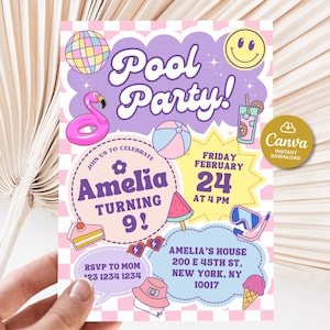Pool-Party-Geburtstagseinladung Mädchen, Pool-Geburtstagsfeier einladen, Sommer-Lache-Party, Groovy-Mädchen, Einladung zum Ausdrucken, Party Evite