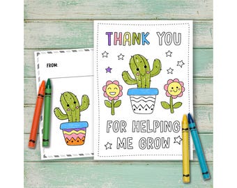 Tarjeta para colorear "Gracias por ayudarme a crecer", Tarjeta para colorear de agradecimiento para maestros (imprimible), Regalo de agradecimiento hecho a mano, Tarjeta para la Semana de Agradecimiento a los Maestros