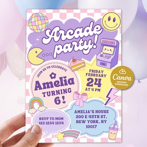 May include: A colorful invitation for an arcade-themed birthday party. The design features a retro arcade machine, Pac-Man, a rainbow, and the text "Arcade party!" The invitation includes the name "Amelia" and party details.