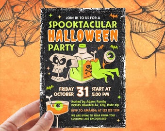 Retro Halloween Party Invite, Editable Halloween Costume Party Invitation, Vintage Halloween Invitations, Cocktails and Costumes Invite