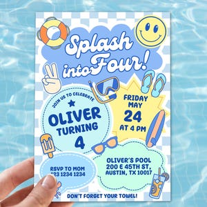 May include: A rectangular party invitation with a light blue and white checkered background. It features the text Splash into Four!, Oliver Turning 4, and event details. Graphics include a life preserver, smiley face, snorkel, flip-flops, surfboard, popsicle, sunglasses, and a drink.