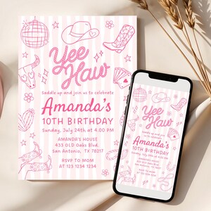 May include: Pink birthday invitation with a cowboy theme. The invitation features the words "Yee Haw" and "Amanda's 10th Birthday" in a playful font. Cowboy boots, hats, and other western-themed illustrations decorate the invitation.