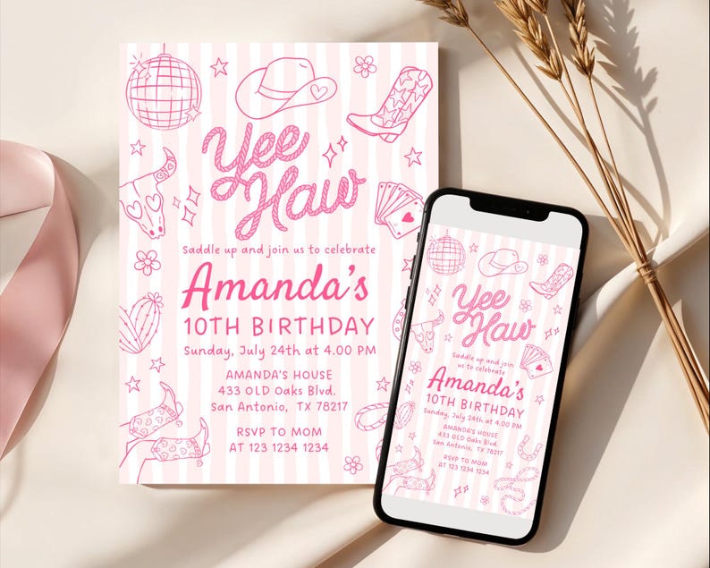 May include: Pink birthday invitation with a cowboy theme. The invitation features the words "Yee Haw" and "Amanda's 10th Birthday" in a playful font. Cowboy boots, hats, and other western-themed illustrations decorate the invitation.