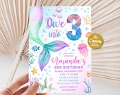 Editable 3rd mermaid invitation, Dive into three mermaid invitation, Under the sea invitation for girl, Mermaid bash, 3rd birthday party