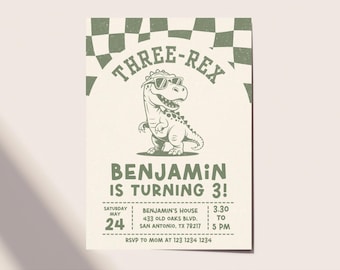 Three Rex birthday invite, 3rd dinosaur birthday party, Boy Third Birthday Party, T-Rex Invitation, editable Dinosaur Birthday Invitation