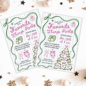 May include: Two invitations for a "Favorite Things Party" with a festive design. The invitations feature pink text and green accents on a white background with vertical stripes. The text includes party details and RSVP information.