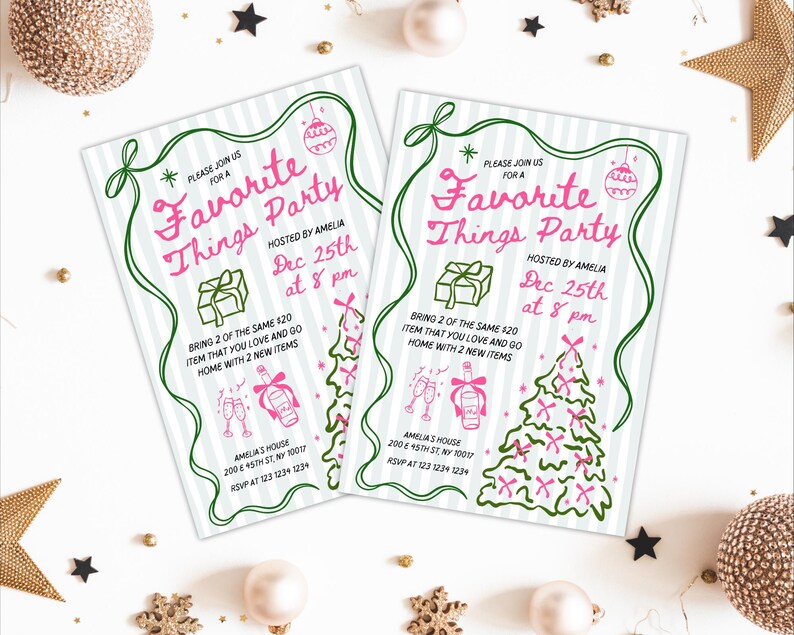 May include: Two invitations for a "Favorite Things Party" with a festive design. The invitations feature pink text and green accents on a white background with vertical stripes. The text includes party details and RSVP information.