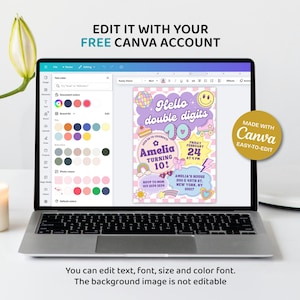 May include: A laptop displays a colorful birthday invitation with the text "Hello double digits" and "Amelia turning 10!" The invitation is editable with a free Canva account. A gold circle reads "Made with Canva Easy-to-edit."