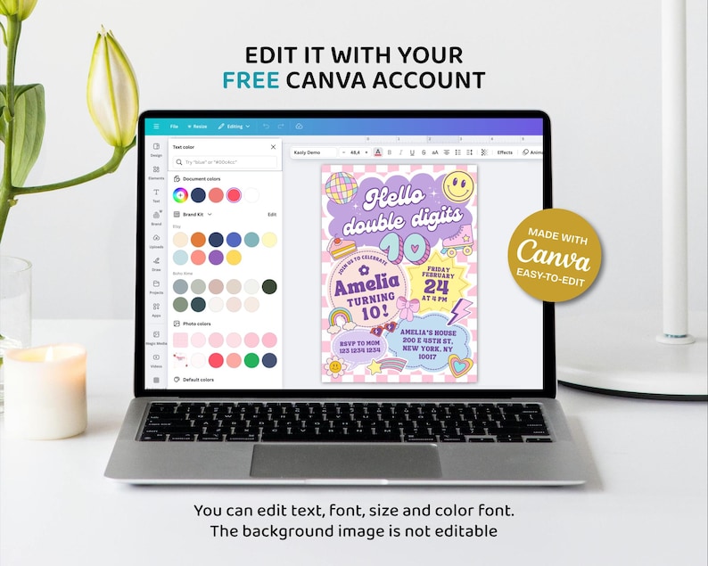 May include: A laptop displays a colorful birthday invitation with the text "Hello double digits" and "Amelia turning 10!" The invitation is editable with a free Canva account. A gold circle reads "Made with Canva Easy-to-edit."