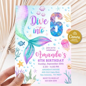 Invitación de sirena número 6, invitación de sirena "Sumérgete en seis", invitación de sexto cumpleaños para niña, invitación bajo el mar, fiesta de sirenas, 6 años