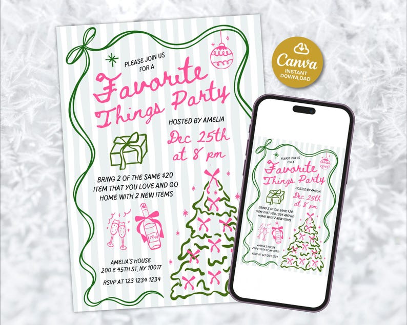 May include: A digital invitation for a "Favorite Things Party" with a green and pink color scheme. The invitation includes the text "Please join us for a Favorite Things Party" and details about the event, including the date, time, and host's name.