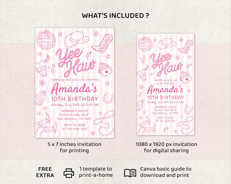 May include: Pink and white invitation design with the text "Yee Haw" and "Amanda's 10th Birthday". Includes illustrations of a cowboy hat, boots, and other western-themed elements. The invitation is 5 x 7 inches.