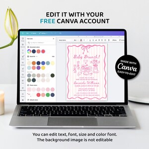 May include: A laptop displays a pink baby brunch invitation template. The invitation features a pink border and illustrations. Text on the screen reads "Baby Brunch!" and "Amanda Williams." The Canva logo is visible.