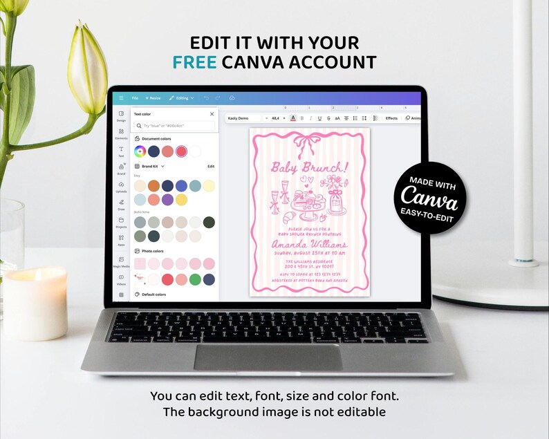 May include: A laptop displays a pink baby brunch invitation template. The invitation features a pink border and illustrations. Text on the screen reads "Baby Brunch!" and "Amanda Williams." The Canva logo is visible.