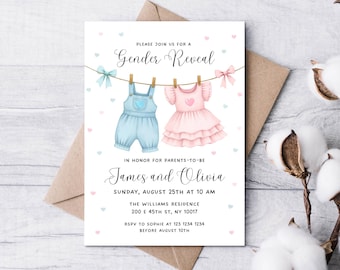 Editable Pink or Blue Clothes Gender Reveal Invitation, Surprise Gender Reveal Party Invite, Baby Clothes Gender Reveal invite, Clothesline
