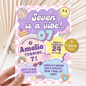 7th birthday invitation tween, Seven is a vibe invitation, Preppy invitation editable, Groovy digital invitation, Seven birthday invitation