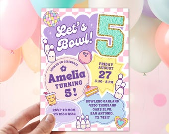 Girl bowling party invitation, Let's Bowl 5th Birthday retro template, Preppy invitation, Let's strike up some fun, Groovy digital invite