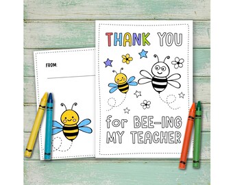 Teacher Thank You Coloring card printable, DIY Appreciation Gift, Teacher Appreciation Week card from kids, Bee-ing my Teacher digital card