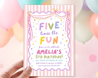 Five times the fun birthday invitation girl, 5th birthday party invite editable, Whimsical Birthday Invite, Colorful Pastel Birthday Party