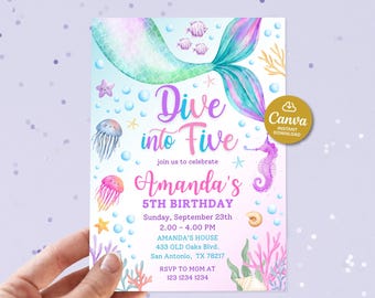 May include: A mermaid-themed birthday invitation featuring a turquoise and purple mermaid tail, a pink and purple seahorse, and the text "Dive into Five Amanda's 5th Birthday". The invitation includes the date, time, and location of the party.