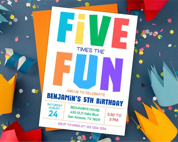 Five times the fun birthday invitation, 5th birthday party invite, Editable birthday invitation digital, Boy Fifth Bday Party invitation