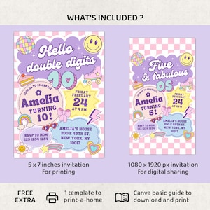 May include: Two party invitation designs with a retro theme. One is a 5 x 7 inches invitation for printing, and the other is a 1080 x 1920 px invitation for digital sharing. The invitations feature the text "Hello double digits" and "Five & fabulous".