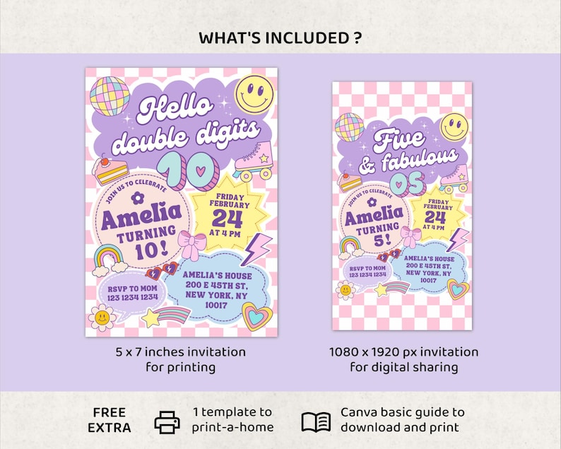 May include: Two party invitation designs with a retro theme. One is a 5 x 7 inches invitation for printing, and the other is a 1080 x 1920 px invitation for digital sharing. The invitations feature the text "Hello double digits" and "Five & fabulous".