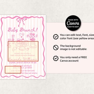 May include: Pink baby shower brunch invitation with a striped background and a decorative pink border. The invitation includes the text "Baby Brunch!" and details for the event, including the date, time, and location. The Canva logo is also visible.