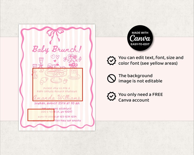 May include: Pink baby shower brunch invitation with a striped background and a decorative pink border. The invitation includes the text "Baby Brunch!" and details for the event, including the date, time, and location. The Canva logo is also visible.