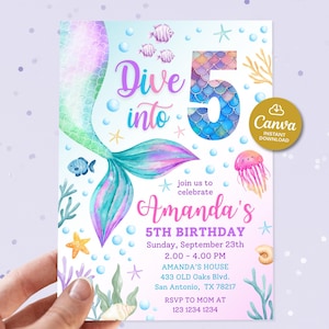 May include: A mermaid-themed birthday invitation with a watercolor illustration of a mermaid tail and the number 5. The text reads "Dive into Amanda's 5th Birthday".