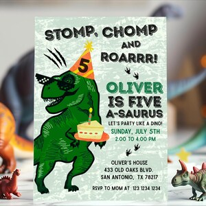 May include: A birthday party invitation featuring a green dinosaur wearing sunglasses and a party hat, holding a cake. The invitation reads "Oliver is Five A-Saurus" with party details. The background is a light green with dinosaur footprints.