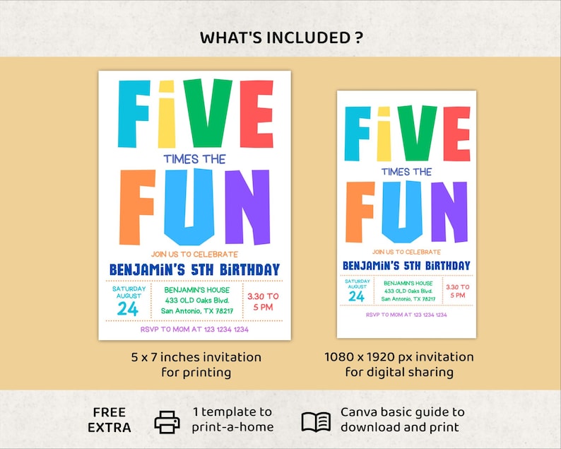 May include: Two colorful birthday party invitations. The design features the words "FIVE TIMES THE FUN" in large, bold letters. The invitations include details for Benjamin's 5th birthday, including the date, time, and location.