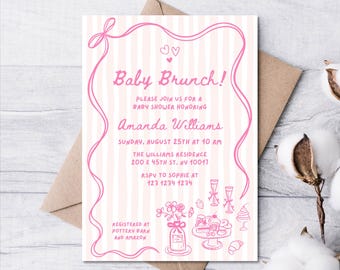 Könnte beinhalten: Rosa Baby-Brunch-Einladung mit Text und Illustrationen. Die Einladung enthält die Worte "Baby Brunch!" und "Amanda Williams". Die Einladung ist mit rosa Linien und Illustrationen von Speisen und Getränken verziert.